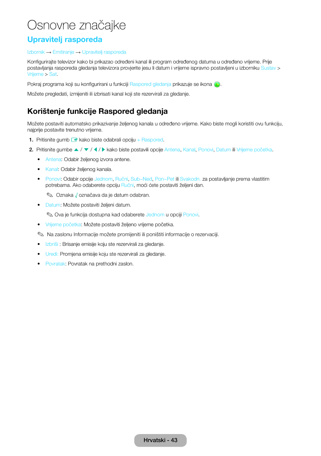 Samsung LT24E390EW/EN, LT22E390EW/EN, LT24E390EX/EN manual Upravitelj rasporeda, Korištenje funkcije Raspored gledanja 