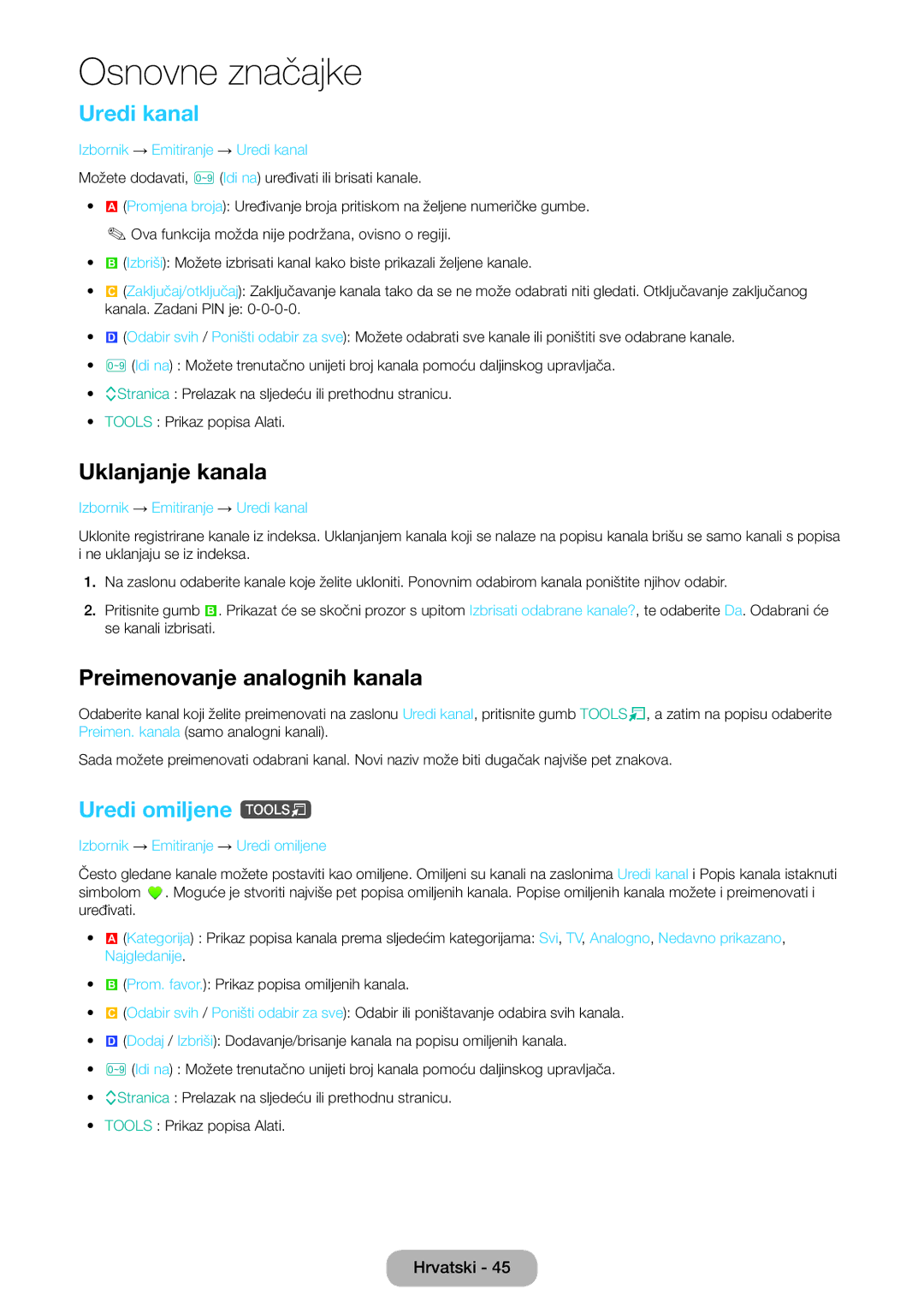 Samsung LT22E390EW/EN, LT24E390EW/EN manual Uredi kanal, Uklanjanje kanala, Preimenovanje analognih kanala, Uredi omiljene t 