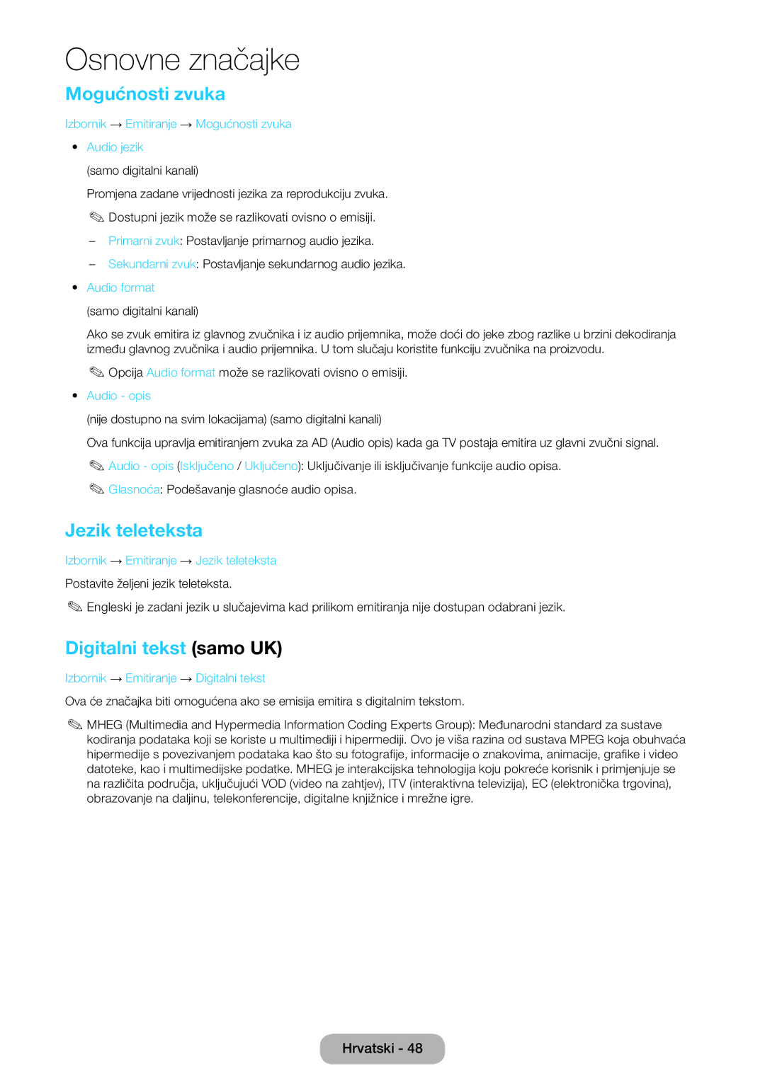 Samsung LT22E390EW/EN, LT24E390EW/EN, LT24E390EX/EN manual Mogućnosti zvuka, Jezik teleteksta, Digitalni tekst samo UK 