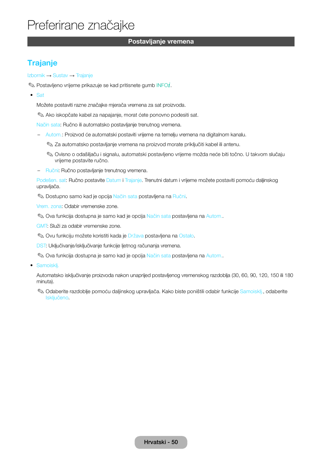 Samsung LT24E390EX/EN, LT22E390EW/EN, LT24E390EW/EN manual Postavljanje vremena, Izbornik → Sustav → Trajanje, Samoisklj 