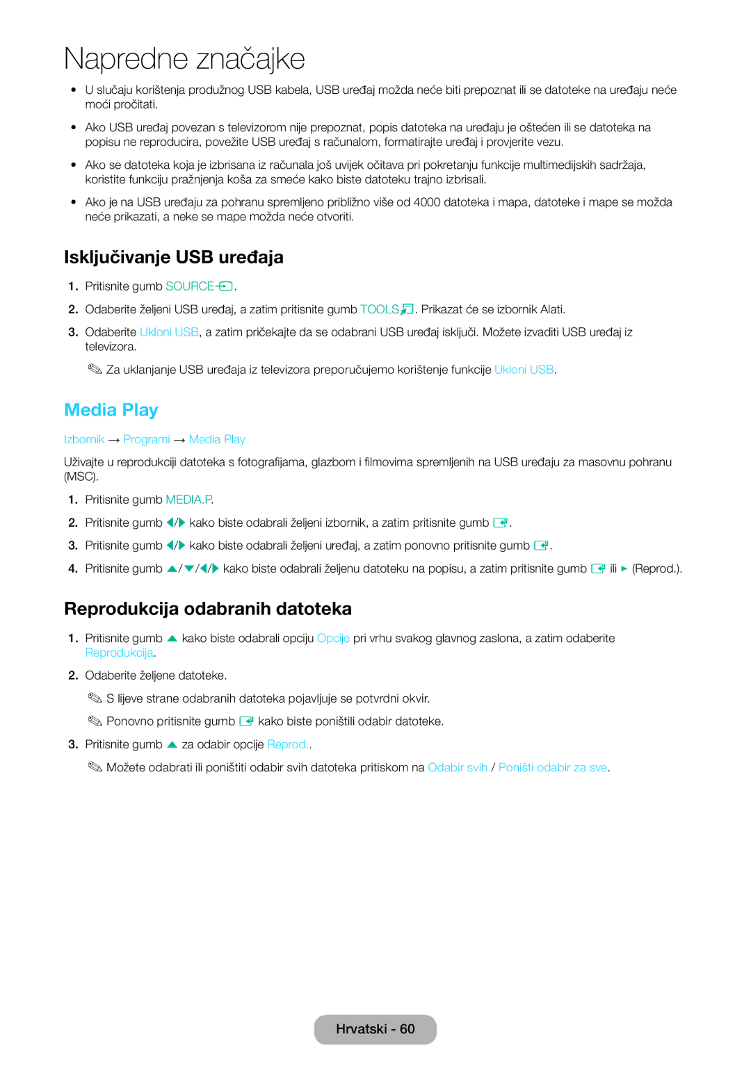 Samsung LT22E390EW/EN, LT24E390EW/EN, LT24E390EX/EN Isključivanje USB uređaja, Media Play, Reprodukcija odabranih datoteka 