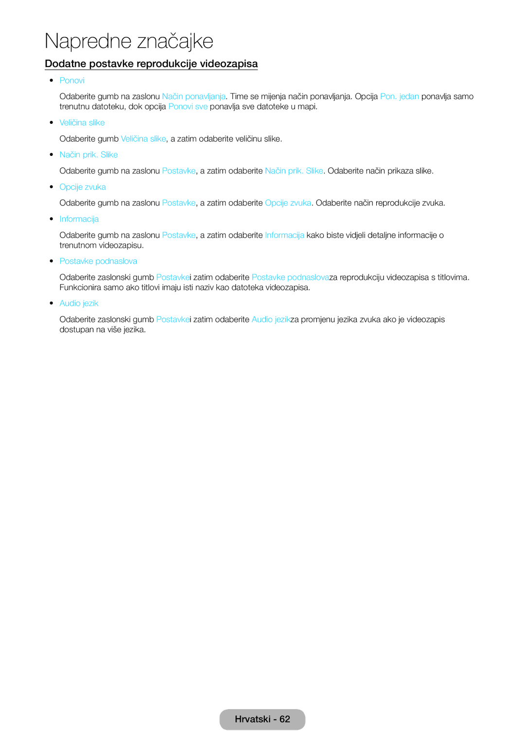 Samsung LT24E390EX/EN, LT22E390EW/EN, LT24E390EW/EN manual Dodatne postavke reprodukcije videozapisa 