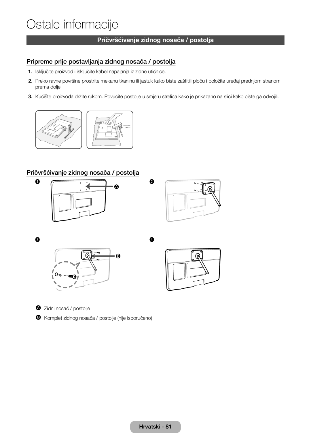 Samsung LT22E390EW/EN manual Pričvršćivanje zidnog nosača / postolja, Pripreme prije postavljanja zidnog nosača / postolja 