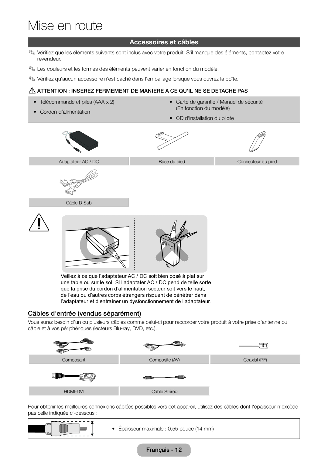 Samsung LT22E390EW/EN, LT24E390EW/EN manual Accessoires et câbles, Câbles dentrée vendus séparément 