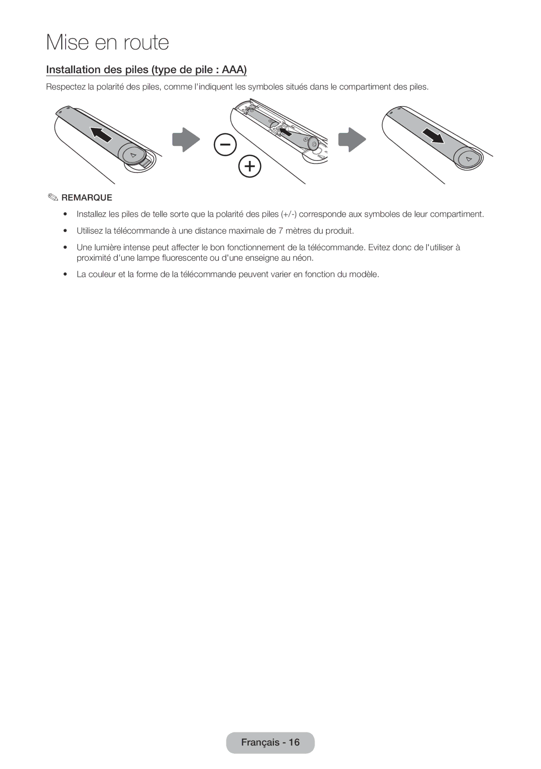 Samsung LT22E390EW/EN, LT24E390EW/EN manual Installation des piles type de pile AAA, Remarque 