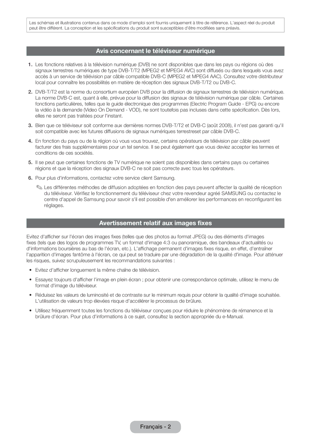 Samsung LT22E390EW/EN, LT24E390EW/EN manual Avis concernant le téléviseur numérique, Avertissement relatif aux images fixes 