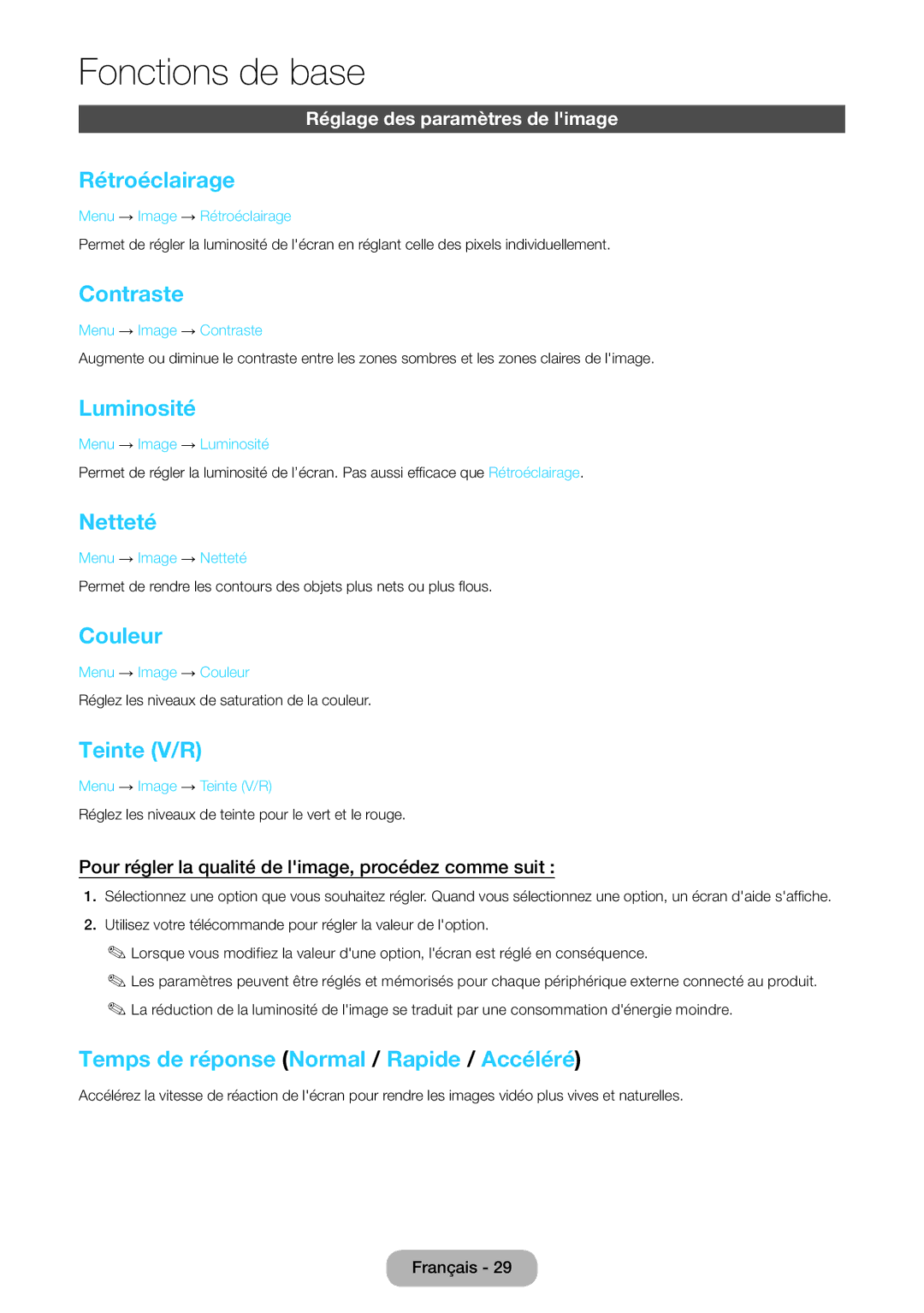 Samsung LT24E390EW/EN, LT22E390EW/EN manual Rétroéclairage, Contraste, Luminosité, Netteté, Couleur, Teinte V/R 