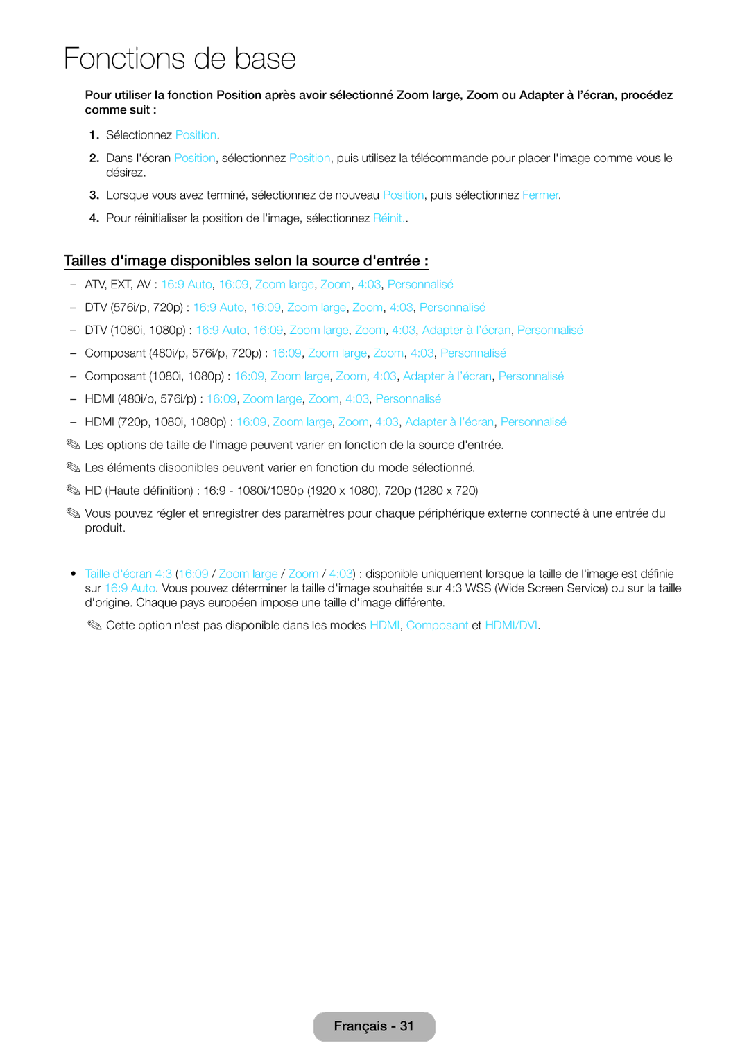 Samsung LT24E390EW/EN, LT22E390EW/EN manual Tailles dimage disponibles selon la source dentrée 