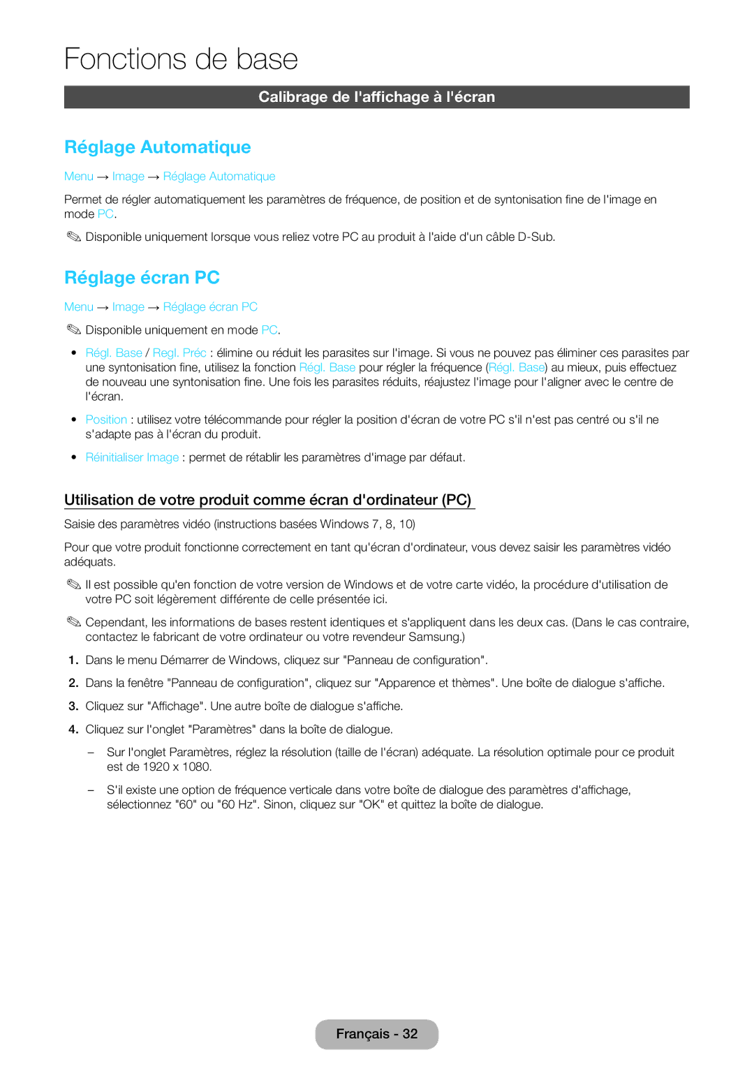 Samsung LT22E390EW/EN, LT24E390EW/EN manual Réglage Automatique, Réglage écran PC, Calibrage de laffichage à lécran 