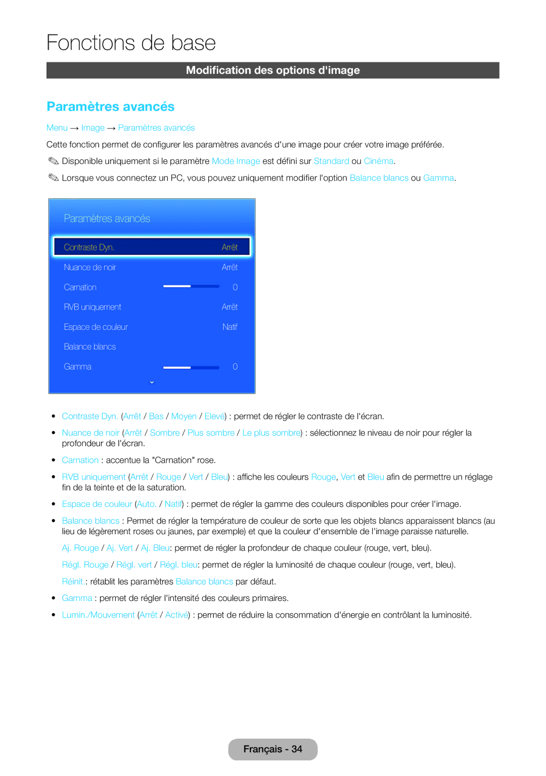 Samsung LT22E390EW/EN, LT24E390EW/EN manual Modification des options dimage, Menu → Image → Paramètres avancés 