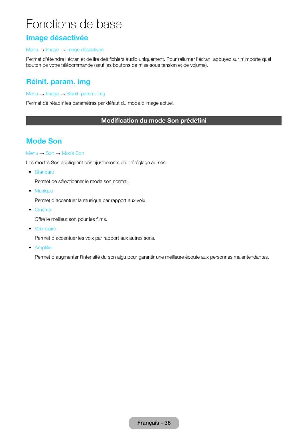 Samsung LT22E390EW/EN, LT24E390EW/EN Image désactivée, Réinit. param. img, Mode Son, Modification du mode Son prédéfini 