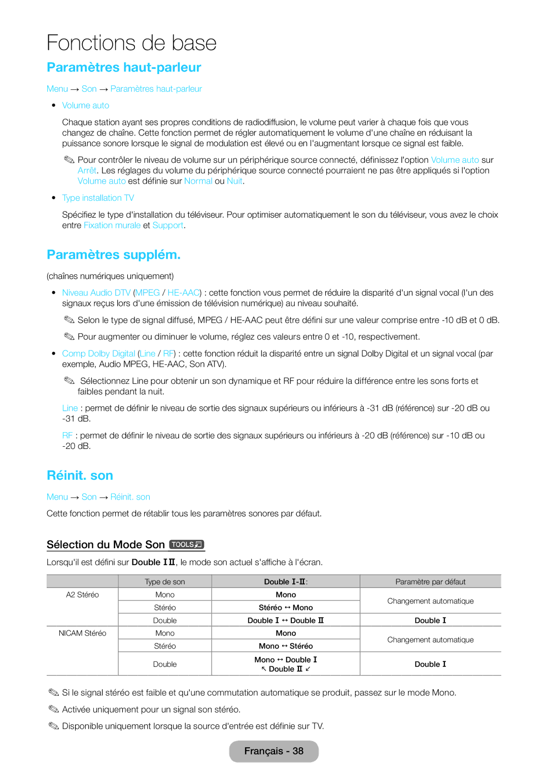 Samsung LT22E390EW/EN, LT24E390EW/EN Paramètres haut-parleur, Paramètres supplém, Réinit. son, Sélection du Mode Son t 