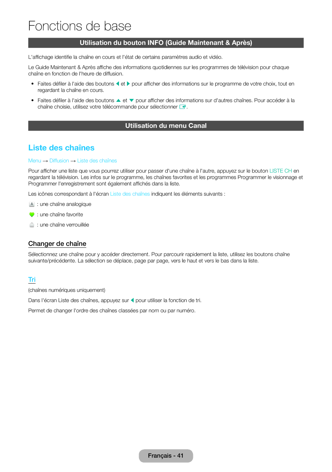 Samsung LT24E390EW/EN Liste des chaînes, Utilisation du bouton Info Guide Maintenant & Après, Utilisation du menu Canal 