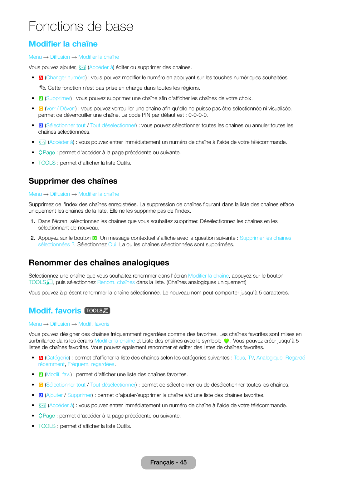 Samsung LT24E390EW/EN manual Modifier la chaîne, Supprimer des chaînes, Renommer des chaînes analogiques, Modif. favoris t 