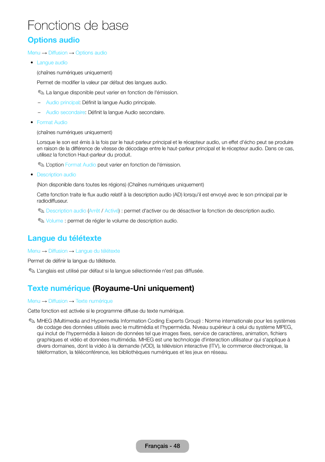 Samsung LT22E390EW/EN, LT24E390EW/EN manual Options audio, Langue du télétexte, Texte numérique Royaume-Uni uniquement 