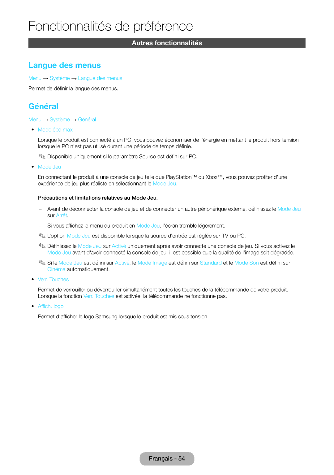 Samsung LT22E390EW/EN, LT24E390EW/EN manual Langue des menus, Général 