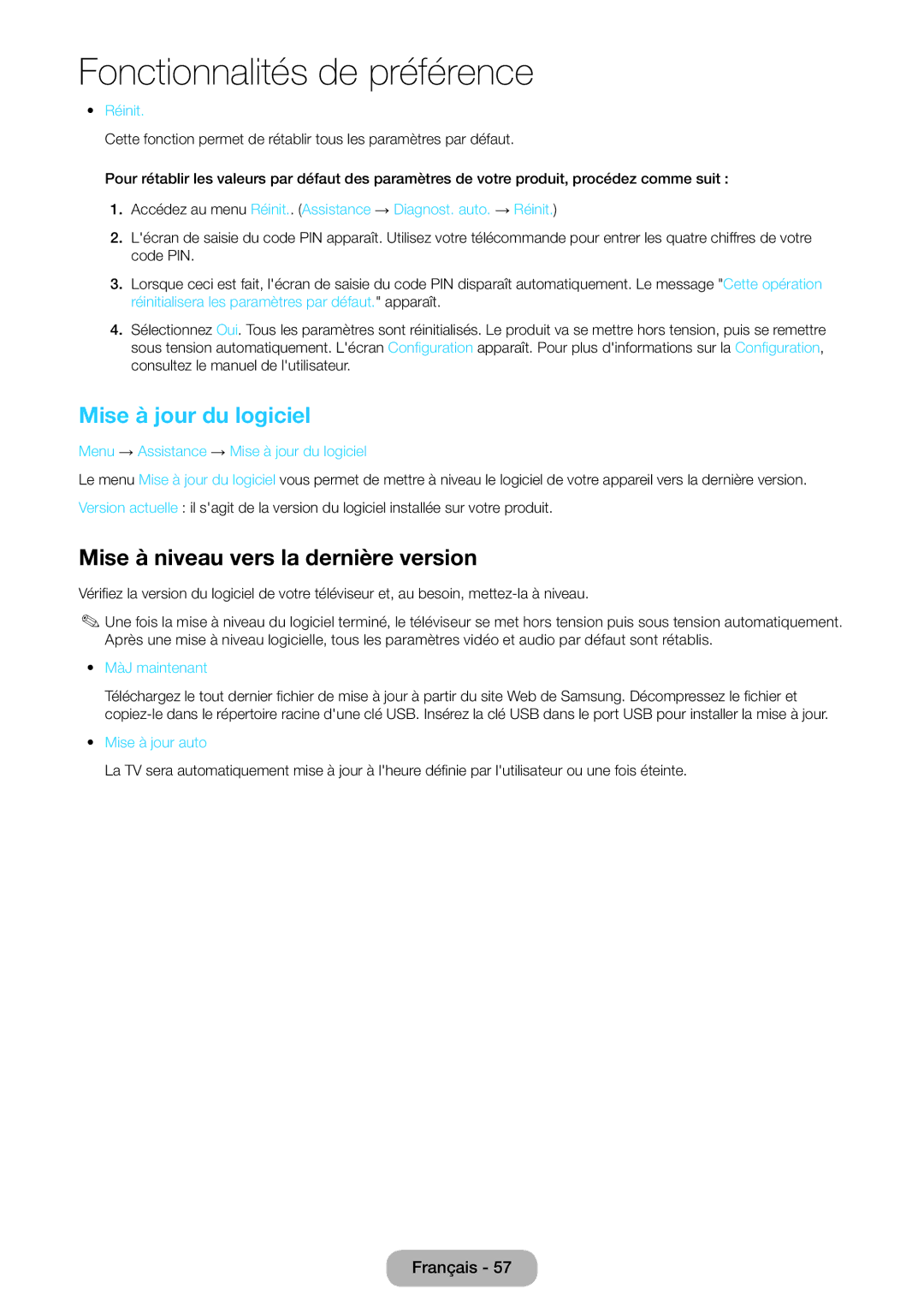 Samsung LT24E390EW/EN, LT22E390EW/EN manual Mise à jour du logiciel, Mise à niveau vers la dernière version 