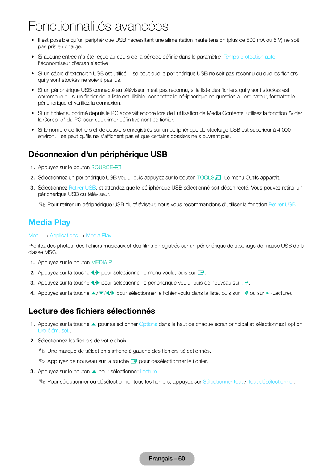 Samsung LT22E390EW/EN, LT24E390EW/EN manual Déconnexion dun périphérique USB, Media Play, Lecture des fichiers sélectionnés 