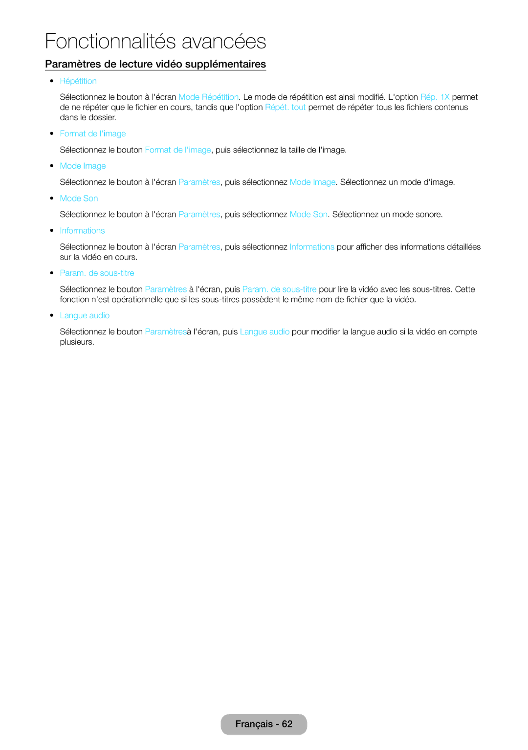 Samsung LT22E390EW/EN, LT24E390EW/EN manual Paramètres de lecture vidéo supplémentaires 