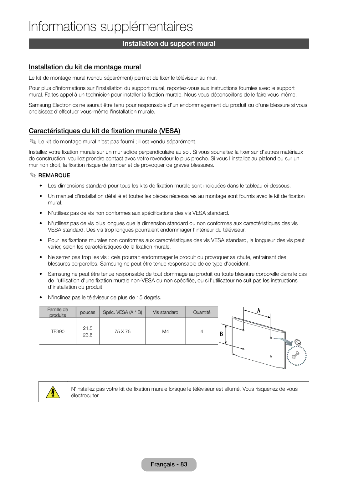 Samsung LT24E390EW/EN Installation du support mural, Installation du kit de montage mural, Provoquer de graves blessures 