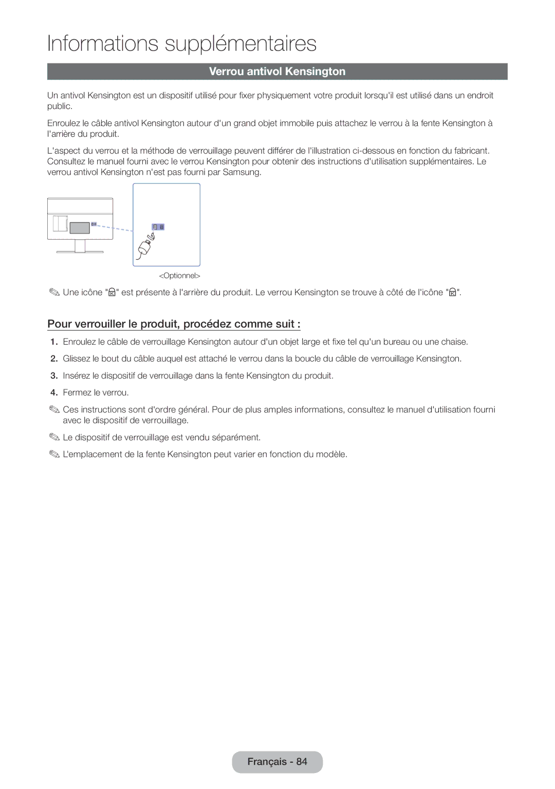 Samsung LT22E390EW/EN, LT24E390EW/EN manual Verrou antivol Kensington, Pour verrouiller le produit, procédez comme suit 