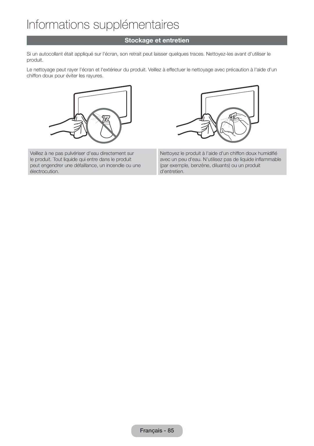 Samsung LT24E390EW/EN, LT22E390EW/EN manual Stockage et entretien 