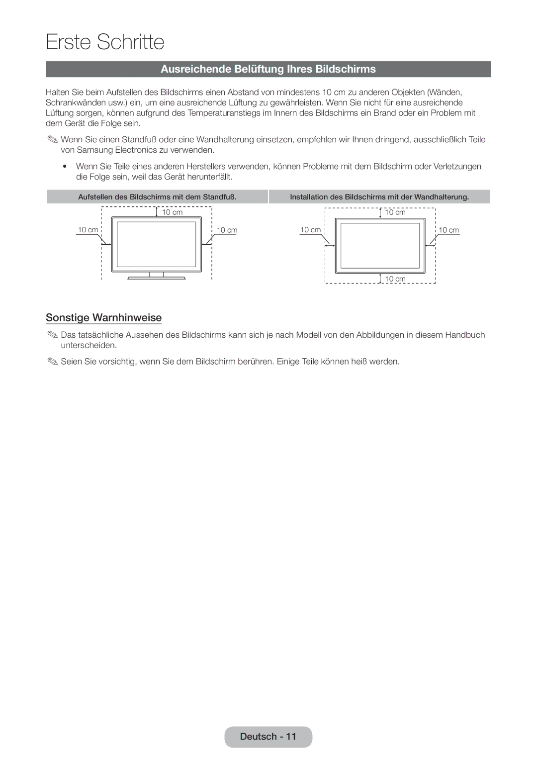 Samsung LT24E390EW/EN, LT22E390EW/EN manual Ausreichende Belüftung Ihres Bildschirms, Sonstige Warnhinweise 