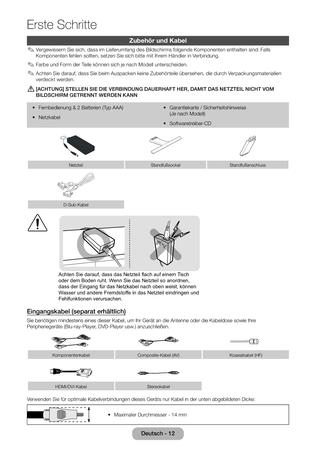 Samsung LT22E390EW/EN manual Zubehör und Kabel, Eingangskabel separat erhältlich, Fernbedienung & 2 Batterien Typ AAA 