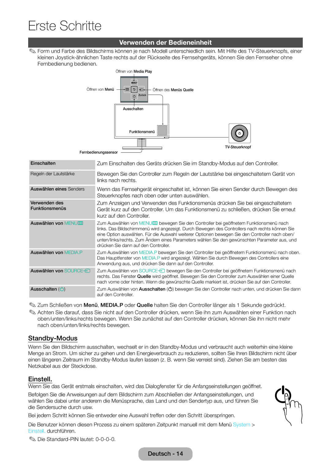 Samsung LT22E390EW/EN, LT24E390EW/EN manual Verwenden der Bedieneinheit, Standby-Modus, Einstell 