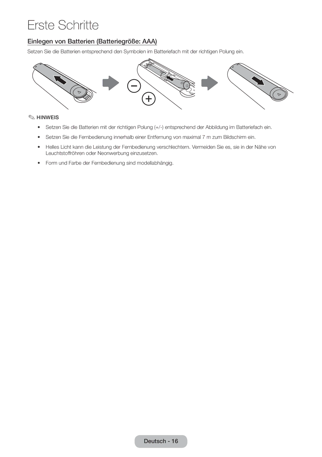 Samsung LT22E390EW/EN, LT24E390EW/EN manual Einlegen von Batterien Batteriegröße AAA, Hinweis 