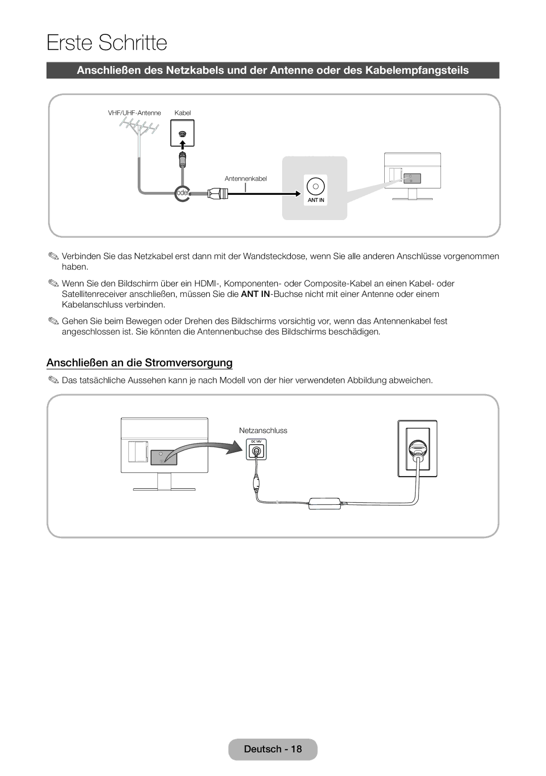 Samsung LT22E390EW/EN, LT24E390EW/EN manual Anschließen an die Stromversorgung 