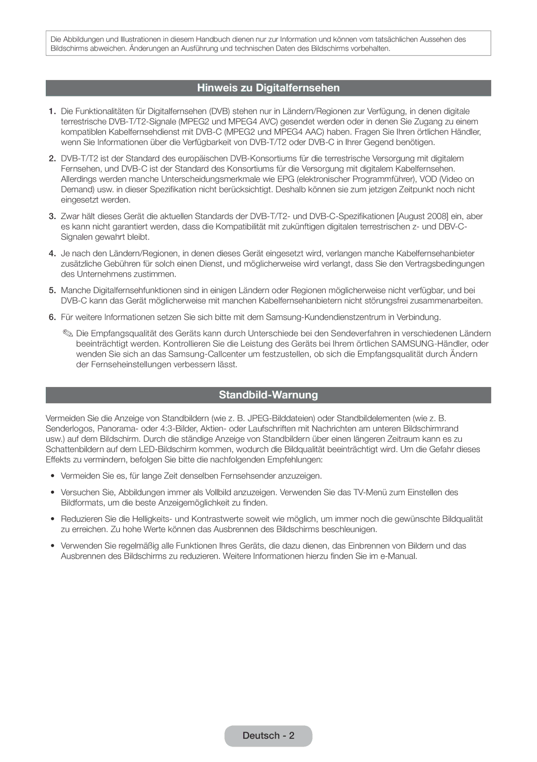 Samsung LT22E390EW/EN, LT24E390EW/EN manual Hinweis zu Digitalfernsehen, Standbild-Warnung 