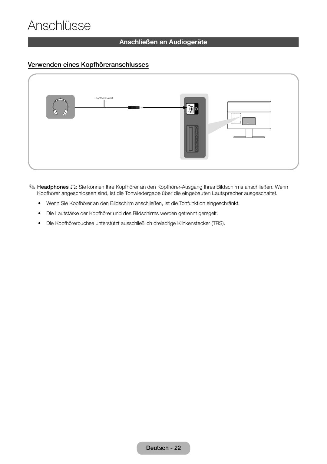 Samsung LT22E390EW/EN, LT24E390EW/EN manual Anschließen an Audiogeräte, Verwenden eines Kopfhöreranschlusses 