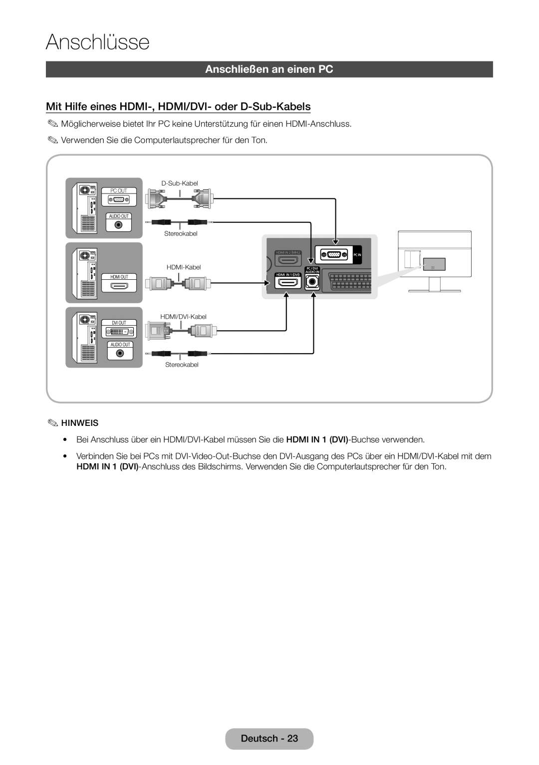 Samsung LT24E390EW/EN, LT22E390EW/EN manual Anschließen an einen PC, Mit Hilfe eines HDMI-, HDMI/DVI- oder D-Sub-Kabels 