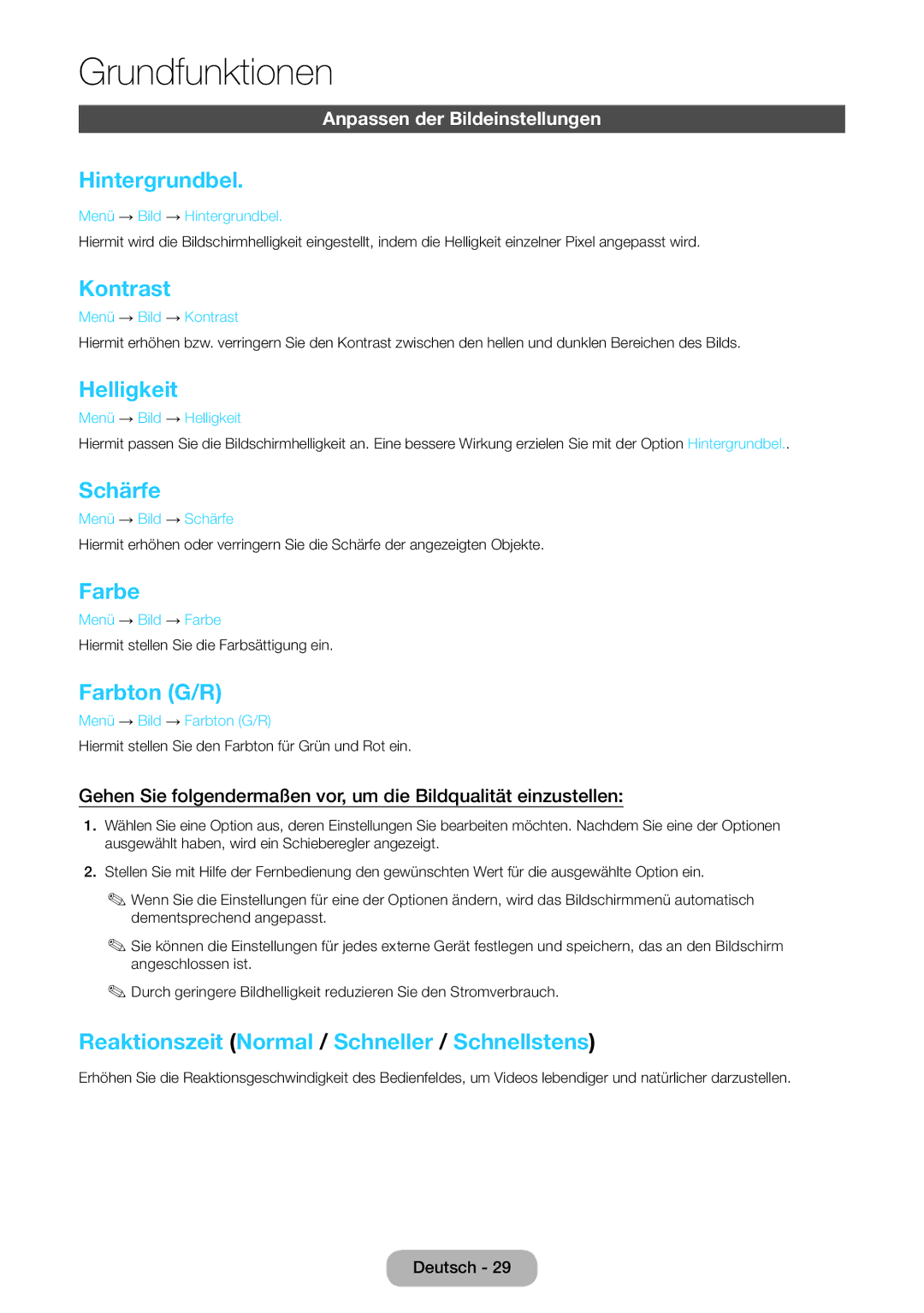 Samsung LT24E390EW/EN, LT22E390EW/EN manual Hintergrundbel, Kontrast, Helligkeit, Schärfe, Farbe, Farbton G/R 