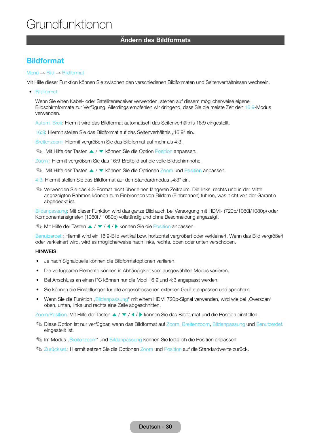 Samsung LT22E390EW/EN, LT24E390EW/EN manual Ändern des Bildformats, Menü → Bild → Bildformat 