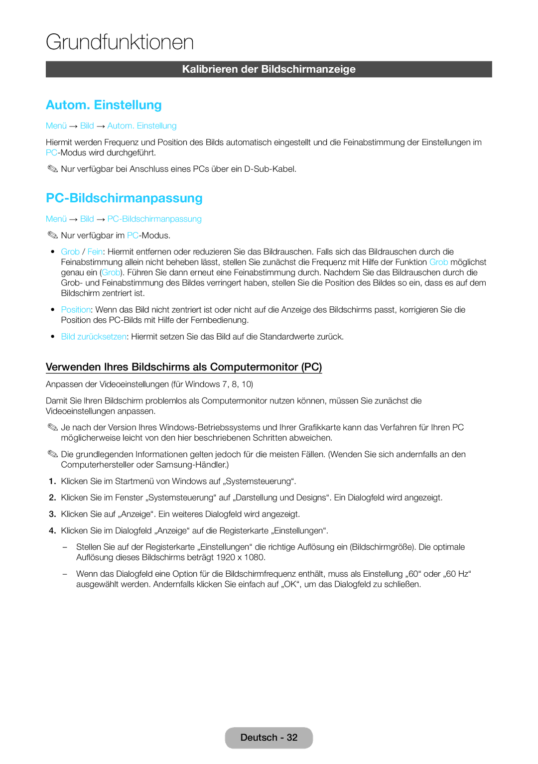 Samsung LT22E390EW/EN, LT24E390EW/EN manual Autom. Einstellung, PC-Bildschirmanpassung, Kalibrieren der Bildschirmanzeige 