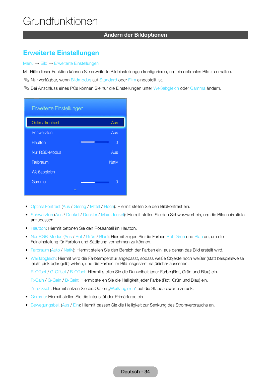 Samsung LT22E390EW/EN, LT24E390EW/EN manual Ändern der Bildoptionen, Menü → Bild → Erweiterte Einstellungen 