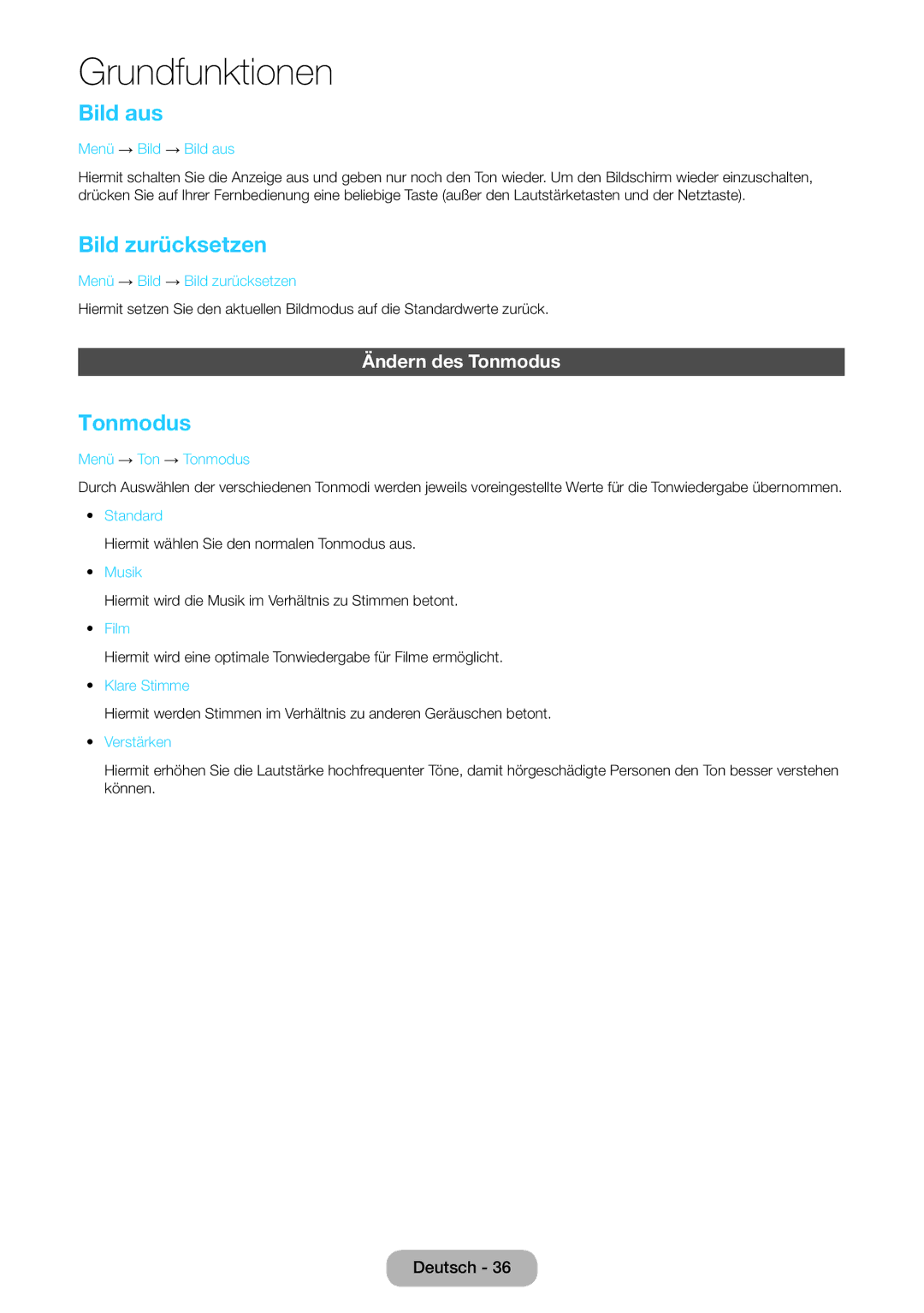 Samsung LT22E390EW/EN, LT24E390EW/EN manual Bild aus, Bild zurücksetzen, Ändern des Tonmodus 