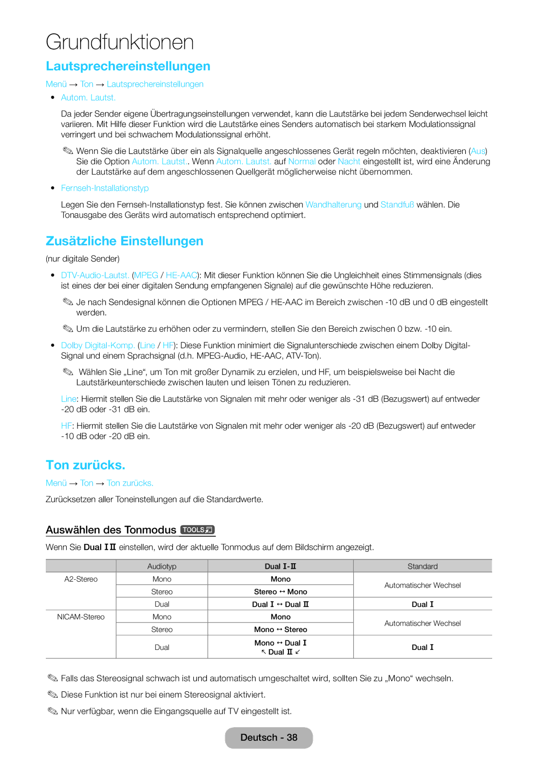 Samsung LT22E390EW/EN manual Lautsprechereinstellungen, Zusätzliche Einstellungen, Ton zurücks, Auswählen des Tonmodus t 