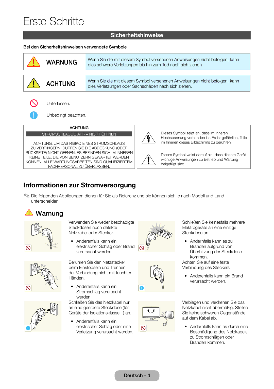 Samsung LT22E390EW/EN, LT24E390EW/EN manual Informationen zur Stromversorgung, Sicherheitshinweise 