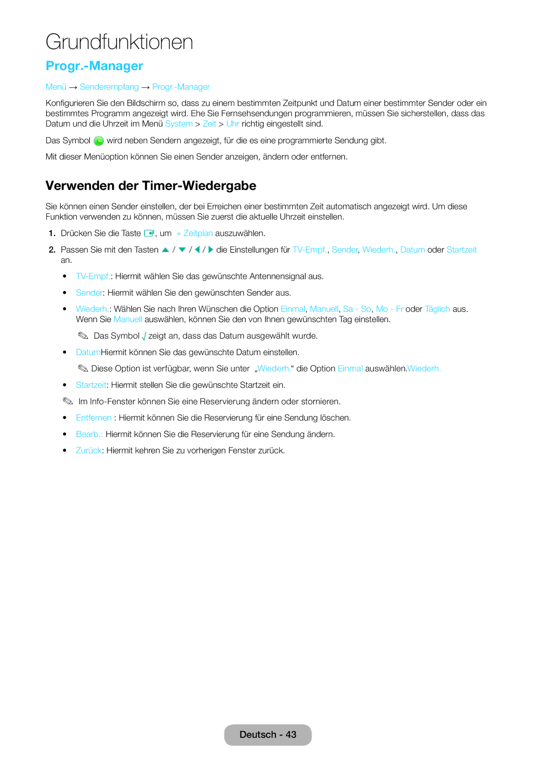 Samsung LT24E390EW/EN, LT22E390EW/EN manual Verwenden der Timer-Wiedergabe, Menü → Senderempfang → Progr.-Manager 