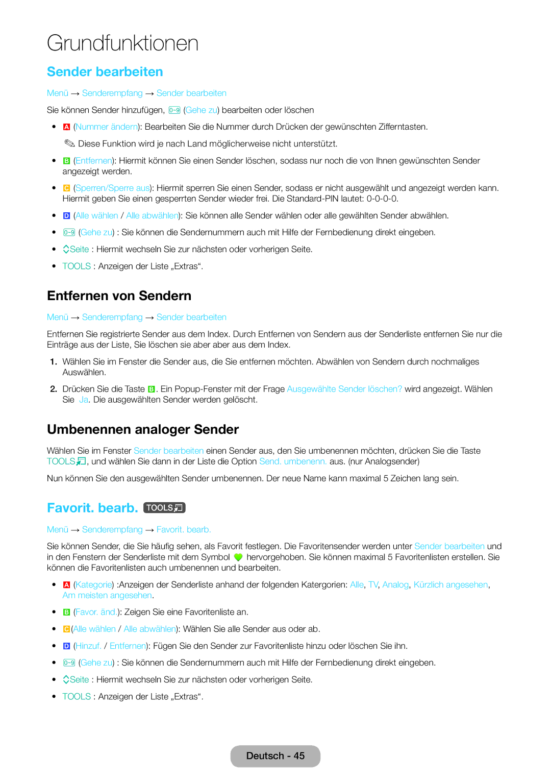 Samsung LT24E390EW/EN manual Sender bearbeiten, Entfernen von Sendern, Umbenennen analoger Sender, Favorit. bearb. t 