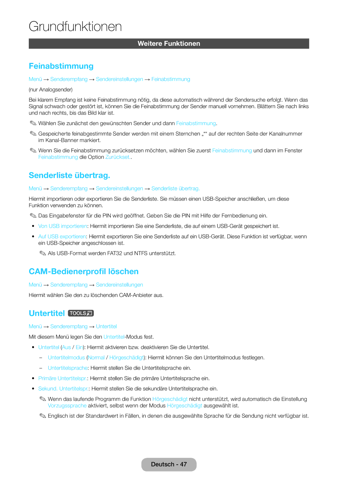 Samsung LT24E390EW/EN Feinabstimmung, Senderliste übertrag, CAM-Bedienerprofil löschen, Untertitel t, Weitere Funktionen 