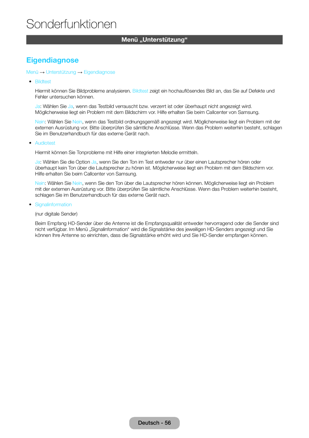 Samsung LT22E390EW/EN, LT24E390EW/EN Menü „Unterstützung, Menü → Unterstützung → Eigendiagnose Bildtest, Audiotest 