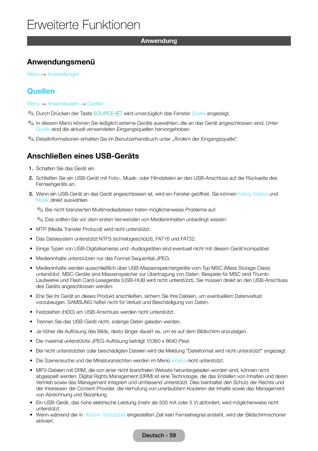 Samsung LT24E390EW/EN, LT22E390EW/EN manual Anwendungsmenü, Quellen, Anschließen eines USB-Geräts 