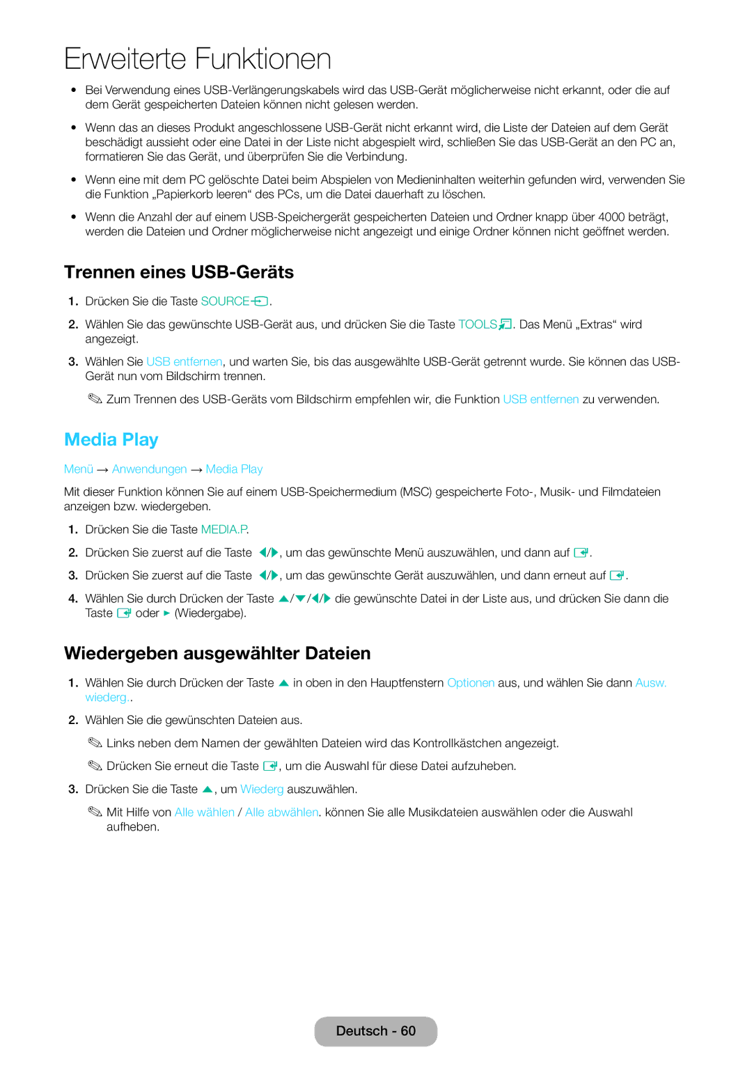 Samsung LT22E390EW/EN, LT24E390EW/EN manual Trennen eines USB-Geräts, Media Play, Wiedergeben ausgewählter Dateien 