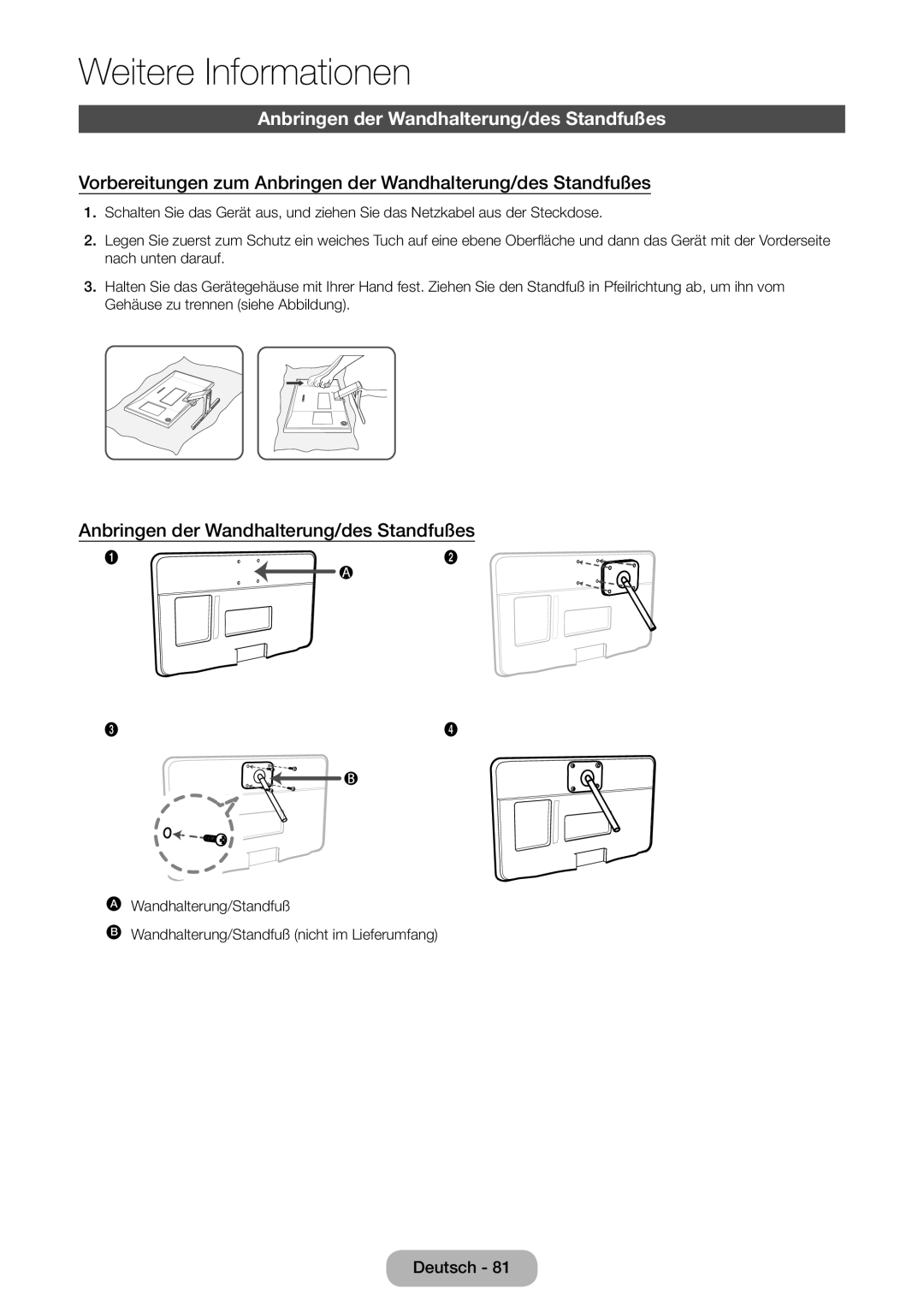 Samsung LT24E390EW/EN, LT22E390EW/EN manual Anbringen der Wandhalterung/des Standfußes 