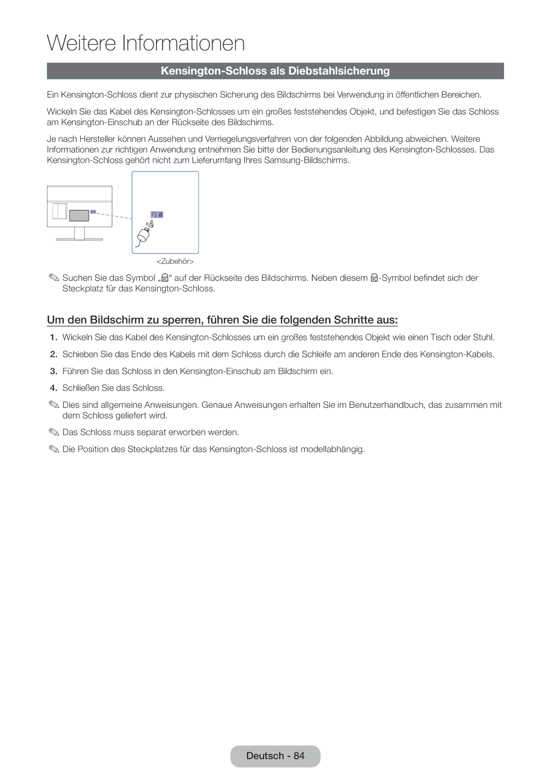 Samsung LT22E390EW/EN, LT24E390EW/EN manual Kensington-Schloss als Diebstahlsicherung 