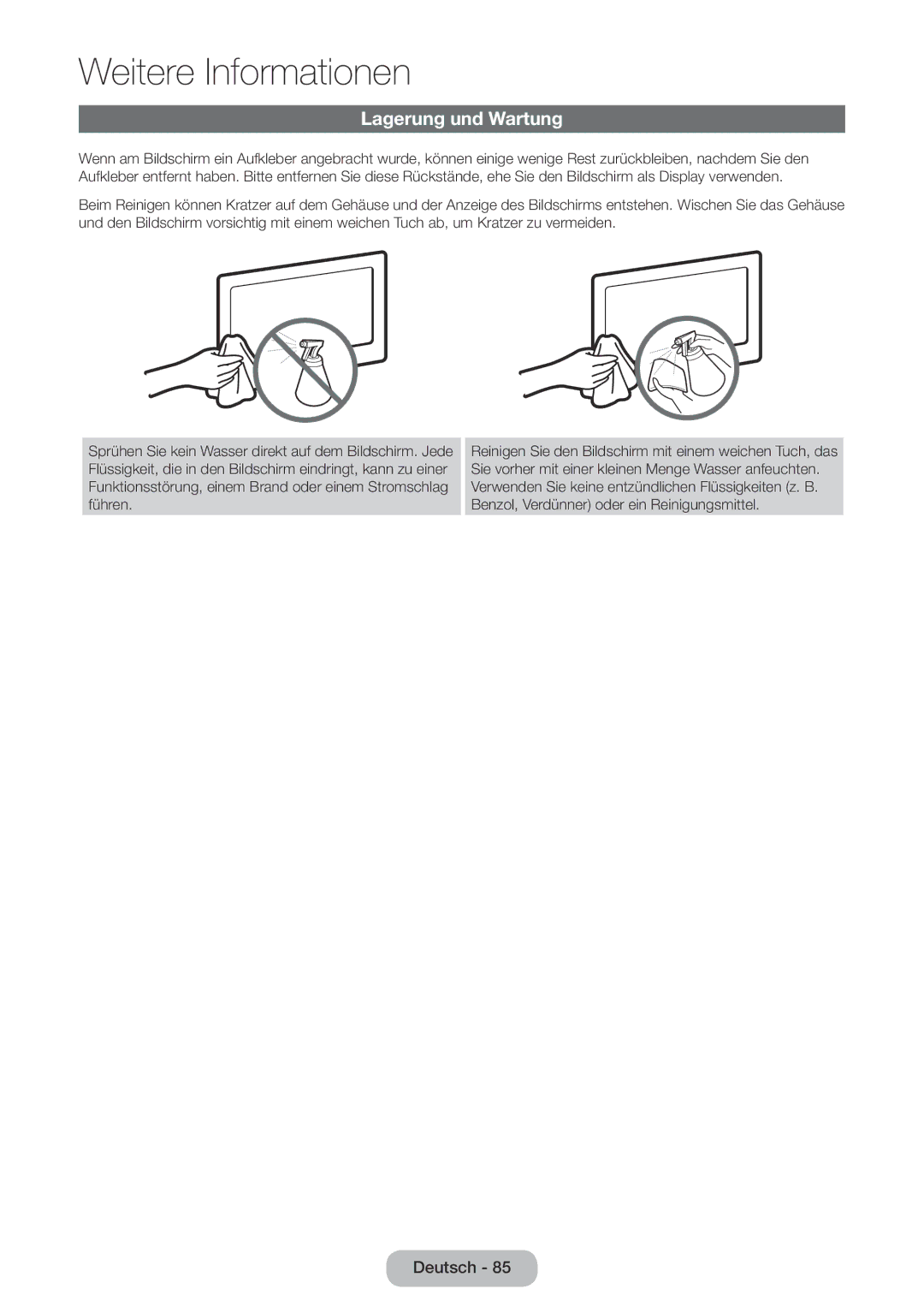 Samsung LT24E390EW/EN, LT22E390EW/EN manual Lagerung und Wartung 